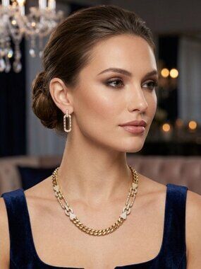 Chunky Gold and Rhinestone Necklace and Pierced Earring Set